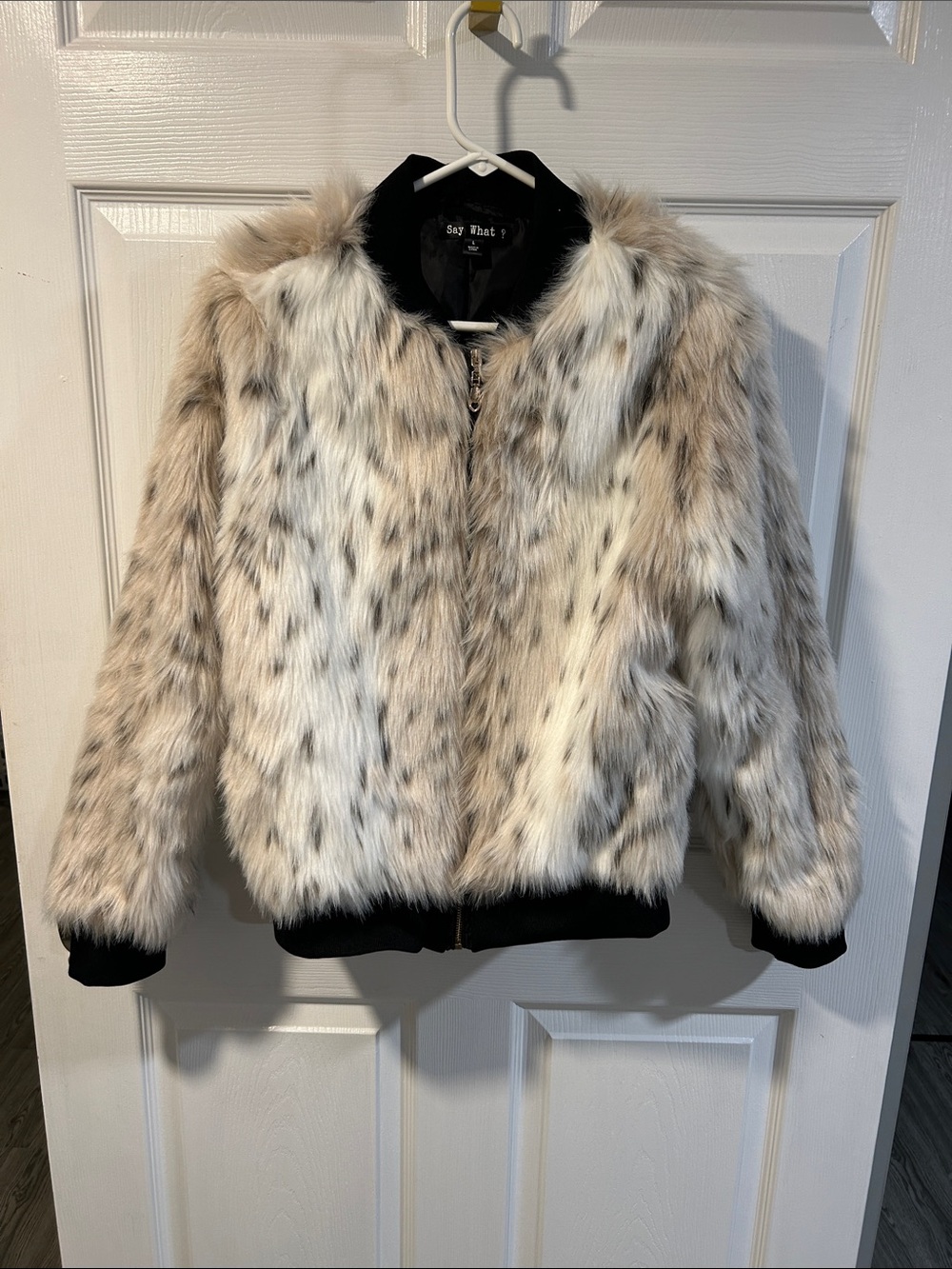 Say What? Faux Fur Bomber Jacket in Cream and Tan Spot
